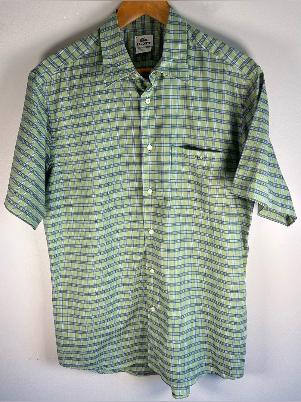 Vintage Lacoste Men’s Button Down Shirt 42 Green Blue Plaid Check SS France EUC